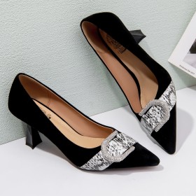 Spitse Neus Naaldhakken 7 cm Middelhoge Hakken Leer Zwarte Schoenen Dames Slangenprint Formele Strass Pumps Suede