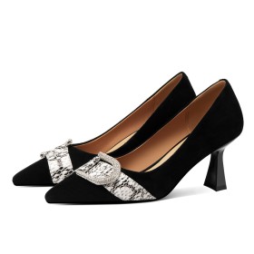 Spitse Neus Naaldhakken 7 cm Middelhoge Hakken Leer Zwarte Schoenen Dames Slangenprint Formele Strass Pumps Suede