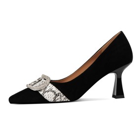 Spitse Neus Naaldhakken 7 cm Middelhoge Hakken Leer Zwarte Schoenen Dames Slangenprint Formele Strass Pumps Suede