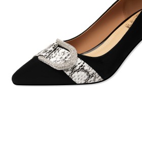 Spitse Neus Naaldhakken 7 cm Middelhoge Hakken Leer Zwarte Schoenen Dames Slangenprint Formele Strass Pumps Suede