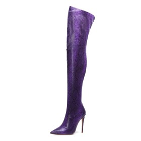 Thigh High Boots Purple 12 cm High Heeled Tall Boot Casual Stiletto Heels Snake Printed Pointed Toe Stretchy