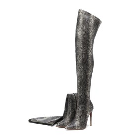 High Heel Tall Boots Stiletto Over Knee Boots Faux Leather Gray Snake Printed Sexy Closed Toe