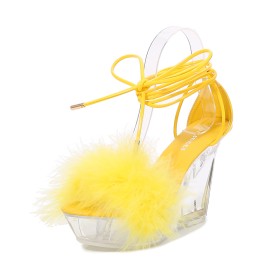 Cute Yellow Peep Toe Sandals Fluffy Faux Leather Platform Faux Fur 10 cm High Heel Wedges Ankle Tie