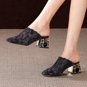 Leather Mules Sparkly Black Womens Sandals Party Shoes Block Heels Round Toe Luxury Elegant Low Heeled Tulle Chunky Heel