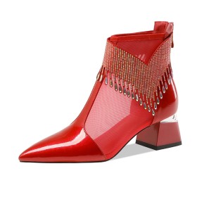 Luxury Low Heel Zipper Sandal Boots Rhinestones Booties For Women Closed Toe Dancing Shoes Sparkly Formal Dress Shoes Tulle Leather Chunky Heel Fringe Block Heel