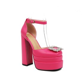 Hot Pink Sandals For Women Classic With Ankle Strap Faux Leather Elegant Chunky Heel Patent With Metal Jewelry 6 inch High Heeled Dressy Shoes Block Heels