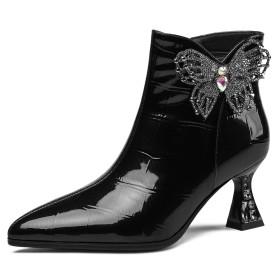 Booties For Women Butterfly With Crystal Patent Stiletto 7 cm Mid Heels Black Beautiful Business Casual Dressy Shoes