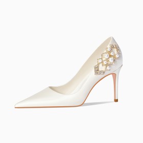 Eleganti Cerimonia Vintage Scarpe Donna Avorio 8 cm Tacchi Alto Decolte Scarpe Da Sera Con Perle Con Strass