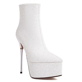 Stiletto Heels Glitter Evening Shoes Pointed Toe White Booties Extreme High Heel Platform Fur Lined Dressy Shoes