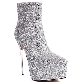 Silber Plateau Festliche Schuhe Stiletto Glitzer Stiefeletten Boots Damen 17 cm High Heel Abendschuhe Gefütterte