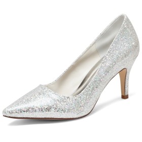 Sparkly Glitter Pointed Toe Elegant 3 inch High Heeled Stiletto Heels Dressy Shoes Silver Pumps