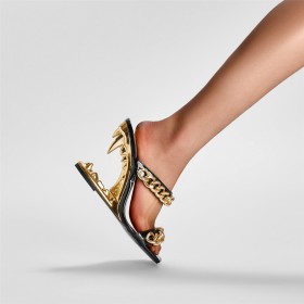 Chain Fashion Ankle Wrap Sandals Peep Toe Patent 10 cm High Heels Black Faux Leather