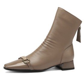 Ankle Boots Patent Comfort Low Heel Business Casual With Buckle Chunky Natural Leather Block Heel Taupe