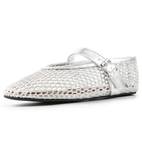 Ronde Neus Glitter Enkelbandje Flats Gesloten Neus Lak Zilver Visnet Sparkle Gesp Comfort