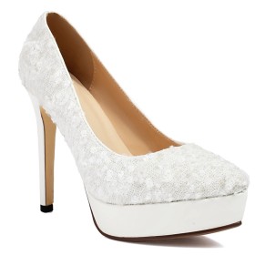 White 11 cm High Heels Platform Evening Shoes Pumps Slip On Glitter