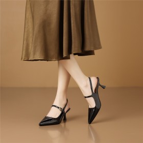 Ankle Strap Elegant Dressy Shoes Stiletto Heels Patent Leather Business Casual Shoes Mid High Heeled Belt Buckle Slingbacks Office Shoes Sandals Pointed Toe