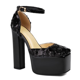 Metallic 15 cm High Heels Platform Chunky Heel Block Heel With Ankle Strap Belt Buckle Evening Shoes Sandals Sparkly