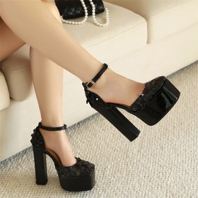 Metallic 15 cm High Heels Platform Chunky Heel Block Heel With Ankle Strap Belt Buckle Evening Shoes Sandals Sparkly