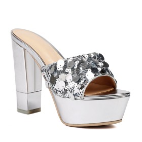 Mules Platform Sparkly 5 inch High Heel Block Heels Chunky Heel Sandals For Women Open Toe Patent Leather 2024 Modern