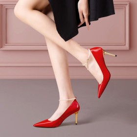 Pointed Toe Red Elegant Dress Shoes Stiletto Heels Office Shoes High Heel Grained Pumps Leather Classic With Pearls