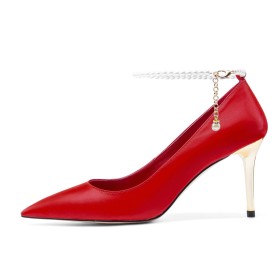 Läder Pumps Med Ankelrem Arbetsskor Classic Stilettklack Business Casual Med Pärlor Finskor Skor Dam 8 cm Höga Klackar