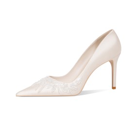 Spitz Weiß Elegante Schuhe Damen Festliche Schuhe Mit 8 cm Hohe Absatz Pumps Geblümte Brautschuhe Pfennigabsatze Abendschuhe Satin