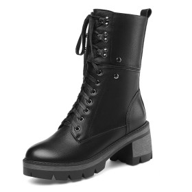 Plateau Autunno Tacchi Medio 6 cm Tacco Largo Combat Boots Con Pelo Interno Tronchetti Comode Nero Vintage