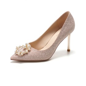 Brillante Or Rose A Talon Mi Haut Chaussure Pour Femme Slip On Perlé Paillettes Escarpins Bout Pointu Talons Aiguilles