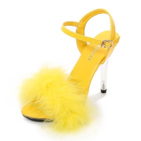 Peep Toe 4 inch High Heel Strappy With Ankle Strap Cute Womens Sandals Yellow Faux Fur Evening Party Shoes Stiletto