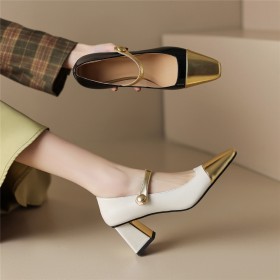 Leather Thick Heel Pumps Block Heels With Color Block Mid Heel Ankle Strap Elegant Stylish