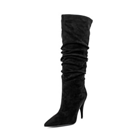 Tall Boot Fur Lined Black Slouch High Heels Vintage Going Out Shoes Classic Knee High Boots