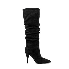 Noire Suede Habillé Fourrees Talon Aiguille Bottes Haute Femme Bout Pointu À Talon Plissées Tombantes Bottes Genoux