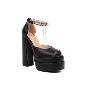 Eleganti Plateau Con Cinturino Alla Caviglia Tacco Alto Nere 2022 Tacchi Largo Scarpe Scarpe Cerimonia Finta Pelle