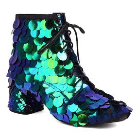 Evening Party Shoes Round Toe Booties 6 cm Mid Heels Closed Toe Gradient Fashion Chunky Glitter Block Heel
