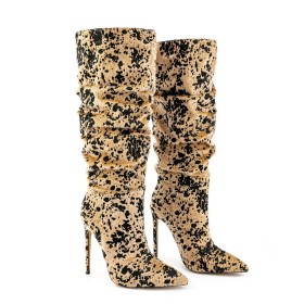 Stiletto Heels High Heels Pointed Toe Cow Dress Shoes Faux Fur Knee High Boots