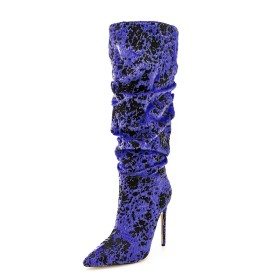 Tall Boots Fashion Going Out Footwear Pointed Toe Cow Stilettos 12 cm High Heels Fluffy Faux Fur Royal Blue Knee High Boot