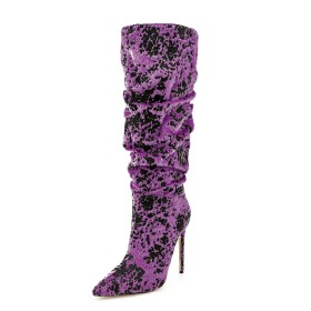 Glitter Fashion Cow Purple Tall Boots High Heels Knee High Boot Faux Fur Stiletto Heels