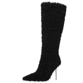 High Heels Pointed Toe Fluffy Tall Boot Stiletto Heels Knee High Boot