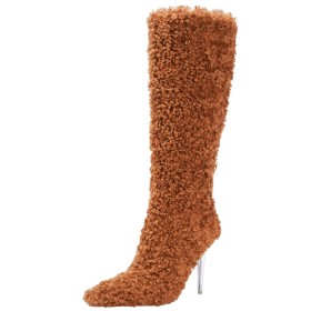 Knee High Boots For Women Fluffy Tall Boots Textile Stiletto Brown High Heels