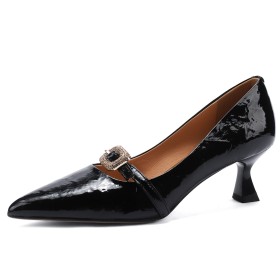 Patent Stilettos Classic Pointed Toe With Metal Jewelry Leather Pumps With Rhinestones Comfort Elegant Low Heels