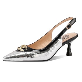 Stiletto Heels Sparkly Evening Shoes Mid Heel Natural Leather Silver Pointed Toe Patent Elegant