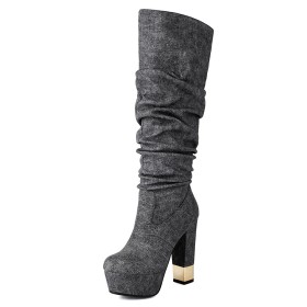 Stiefel Blockabsatz Retro Boots Damen Denim Schwarze Mit 13 cm Hohe Absatz Gefütterte Slouch Rund Spitze Winter Kniehohe