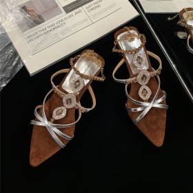 Ankle Strap Low Heeled Dress Sandals For Women Boho Beach With Rhinestones Sparkly With Crystal Natural Leather Going Out Shoes Chain Wedges