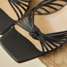 Sandals 5 cm Low Heel Open Toe Chunky Heel Leather Strappy Black