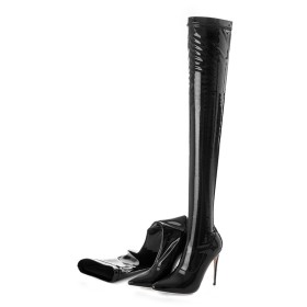 Overknee Hoge Laarzen Dames Zwarte Elastische Lak Sock Boots 12 cm High Heel
