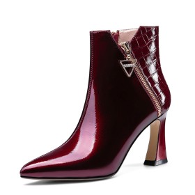 Ankle Boots Beautiful Zipper Patent Chunky Heel Leather Pointed Toe Crocodile Printed 2022 Dressy Shoes Burgundy Business Casual 3 inch High Heeled