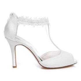 Naaldhakken 9 cm High Heel Satijnen Elegante Sandaal Met Enkelbandje Witte Bruidsschoenen