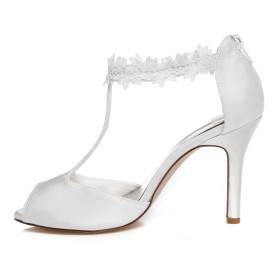 Naaldhakken 9 cm High Heel Satijnen Elegante Sandaal Met Enkelbandje Witte Bruidsschoenen