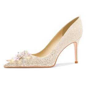 Elegant Sequin Dress Shoes With Flower With Crystal 3 inch High Heel Party Shoes Sparkly Closed Toe Pumps Pointed Toe Gorgeous Stiletto Bridal Shoes Gold
