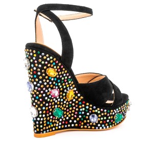 Black Wedges With Crystal Ankle Strap Multicolor Belt Buckle Suede Beach Footear Platform Strappy Espadrilles High Heels Round Toe Rhinestones Open Toe